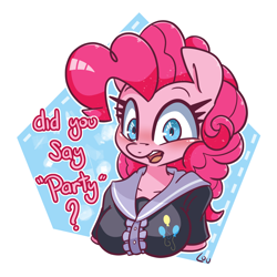 Size: 1500x1500 | Tagged: safe, artist:lou, imported from derpibooru, pinkie pie, anthro, blushing, breasts, bust, busty pinkie pie, clothes, female, simple background, solo, that pony sure does love parties, transparent background