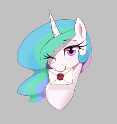 Size: 391x416 | Tagged: safe, artist:thebatfang, imported from derpibooru, princess celestia, alicorn, pony, aggie.io, cute, cutelestia, eye clipping through hair, female, gray background, letter, looking at you, mare, mouth hold, one eye closed, ponybooru import, simple background, smiling, wink, winking at you