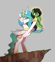 Size: 438x487 | Tagged: safe, artist:thebatfang, imported from derpibooru, princess celestia, oc, oc:filly anon, alicorn, earth pony, pony, aggie.io, circle of life, cliff, cropped, drawthread, duo, explicit source, eyes closed, eyes open, female, filly, foal, glowing, gray background, holding a pony, mare, ponybooru import, simple background, smiling, the lion king