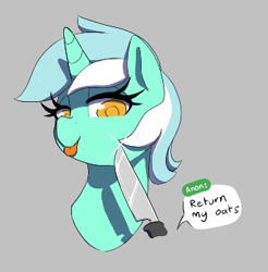 Size: 343x349 | Tagged: safe, artist:thebatfang, imported from derpibooru, lyra heartstrings, oc, oc:anon, pony, unicorn, :p, aggie.io, butcher knife, female, food, gray background, implied anon, knife, knife cat, l.u.l.s., lowres, mare, oats, offscreen character, ponybooru import, simple background, smiling, smug, speech bubble, this will not end well, tongue out