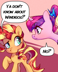 Size: 880x1085 | Tagged: safe, artist:lummh, artist:shore2020, imported from derpibooru, princess cadance, sunset shimmer, alicorn, pony, unicorn, comic:the princess of love, dialogue, female, filly, filly sunset shimmer, foal, looking at each other, looking at someone, mare, raised hoof, speech bubble, teen princess cadance, younger