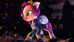 Size: 3840x2160 | Tagged: safe, artist:psfmer, imported from derpibooru, pipp petals, pegasus, pony, fallout equestria, 3d, clothes, cosplay, costume, crossover, dirty, female, g5, jumpsuit, mare, name pun, pipbuck, pun, solo, source filmmaker, vault suit, visual pun
