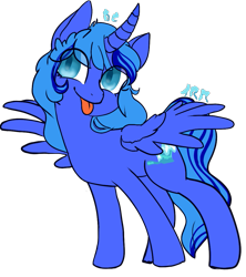 Size: 921x1037 | Tagged: safe, artist:trr_bc, imported from derpibooru, oc, oc only, oc:wave oceana, alicorn, pony, curved horn, happy, horn, simple background, smiling, solo, spread wings, tongue out, transparent background, wings