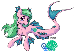 Size: 2899x2069 | Tagged: safe, artist:lankysandwich, imported from derpibooru, oc, oc only, merpony, dorsal fin, female, fins, fish tail, flowing mane, flowing tail, gills, green mane, logo, mare, purple eyes, signature, simple background, smiling, solo, tail, transparent background