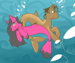 Size: 900x750 | Tagged: safe, artist:bwfe, imported from derpibooru, oc, oc only, hybrid, merpony, seapony (g4), bubble, duo, female, fish tail, flowing mane, green eyes, male, mare, ocean, orange eyes, smiling, stallion, swimming, tail, underwater, water