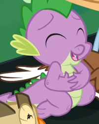 Size: 232x289 | Tagged: safe, imported from derpibooru, screencap, owlowiscious, spike, winona, bird, dog, dragon, owl, just for sidekicks, season 3, bellyrubs, cropped, eyes closed, fangs, male, open mouth, smiling, youtube link