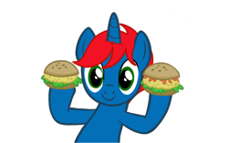 Size: 1098x691 | Tagged: safe, artist:pastel-pocky, artist:ry-bluepony1, imported from derpibooru, oc, oc only, oc:train track, unicorn, trade ya, base used, burger, food, green eyes, hair, horn, mane, oat burger, oats, show accurate, simple background, solo, transparent background