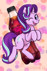 Size: 1200x1800 | Tagged: safe, artist:rabbitasaur, imported from derpibooru, starlight glimmer, pony, unicorn, abstract background, bottle, coca-cola, cute, female, full body, glimmerbetes, looking at you, mare, namesake, one eye closed, open mouth, open smile, pun, signature, smiling, smiling at you, soda bottle, solo, starlight coca-cola, visual pun, wink, winking at you
