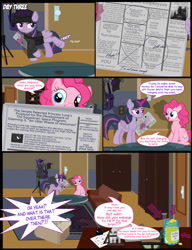 Size: 1042x1358 | Tagged: safe, artist:dendoctor, imported from derpibooru, mean twilight sparkle, pinkie pie, princess luna, twilight sparkle, alicorn, earth pony, pony, comic:clone.., alternate universe, bits, clone, clothes, comic, couch, female, glowing, glowing horn, hat, horn, magic, newspaper, pinkie clone, quill, swear jar, telekinesis, test tube, twilight sparkle (alicorn)