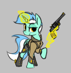 Size: 414x430 | Tagged: safe, artist:firecracker, lyra heartstrings, pony, unicorn, aggie.io, clothes, female, gun, hand, magic, magic hands, mare, raised hoof, simple background, smiling, weapon