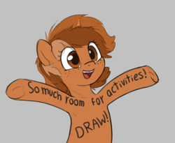 Size: 414x340 | Tagged: safe, artist:zippysqrl, oc, oc only, oc:sign, pony, unicorn, aggie.io, armpits, body writing, female, mare, open mouth, simple background, smiling