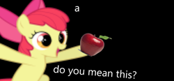 Size: 1350x629 | Tagged: safe, imported from derpibooru, apple bloom, earth pony, pony, a, apple, black background, female, food, simple background