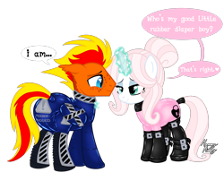 Size: 2423x1954 | Tagged: safe, artist:mommymidday, imported from derpibooru, oc, oc only, oc:fireheart(fire), oc:mommy midday, hybrid, pony, unicorn, bondage, bondage gear, bound wings, butt, clothes, diaper, diaper bondage, diaper fetish, diaper under clothes, fetish, gloves, latex, latex gloves, latex suit, non-baby in diaper, pegabat, plot, show accurate, simple background, transparent background, wings