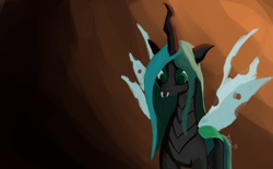 Size: 2265x1400 | Tagged: source needed, safe, artist:tazool, imported from derpibooru, queen chrysalis, changeling, canterlot wedding 10th anniversary, fangs, female, looking down, simple background, solo
