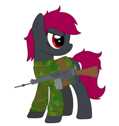 Size: 1009x1071 | Tagged: safe, artist:rociovioleta, imported from derpibooru, oc, oc only, oc:aleshi, pegasus, pony, argentina, clothes, gun, mate, military, military pony, military uniform, red eyes, red hair, simple background, soldier, soldier pony, solo, transparent background, uniform, weapon