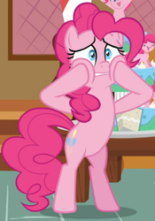 Size: 518x739 | Tagged: safe, imported from derpibooru, screencap, pinkie pie, earth pony, pony, cakes for the memories, spoiler:cakes for the memories, spoiler:mlp friendship is forever, bipedal, cake, cropped, female, food, hooves on cheeks, mare, solo, sugarcube corner, worried