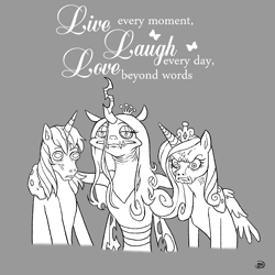 Size: 1600x1600 | Tagged: safe, artist:socialgutbrain777, imported from derpibooru, princess cadance, queen chrysalis, shining armor, alicorn, changeling, pony, unicorn, angry, canterlot wedding 10th anniversary, faic, humor, live laugh love, monochrome, wat