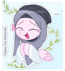 Size: 719x792 | Tagged: safe, artist:pencil_draw_indo, imported from derpibooru, oc, oc only, oc:flower light, pegasus, pony, beanie, eyes closed, female, flower, flower in hair, happy, hat, hijab, indonesia, indonesian, islam, leaves, mare, open mouth, pegasus oc, ramadan, solo, sorry, watermark, wings