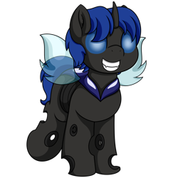 Size: 1000x1000 | Tagged: safe, artist:pvryohei, imported from derpibooru, oc, oc only, oc:swift dawn, changeling, big grin, blue changeling, blue eyes, changeling oc, commission, cute, foal, grin, horn, male, ocbetes, simple background, smiling, solo, standing, toothy grin, transparent background, wings, young, younger