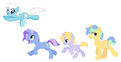 Size: 3900x2000 | Tagged: safe, artist:feather_bloom, imported from derpibooru, oc, oc only, oc:dusk breeze, oc:feather_bloom, oc:frost gale, oc:star stream, pegasus, pony, unicorn, family, flying, running, siblings, simple background, white background, wholesome