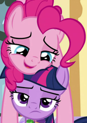 Size: 418x595 | Tagged: safe, imported from derpibooru, screencap, pinkie pie, twilight sparkle, alicorn, earth pony, pony, cakes for the memories, spoiler:cakes for the memories, spoiler:mlp friendship is forever, cropped, duo, duo female, female, frown, lidded eyes, looking at you, lying down, lying on top of someone, mare, pinkie being pinkie, smiling, sugarcube corner, twilight sparkle (alicorn), twilight sparkle is not amused, unamused