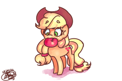 Size: 3600x2400 | Tagged: safe, artist:mannybcadavera, imported from derpibooru, applejack, earth pony, pony, apple, cute, eyebrows, eyebrows visible through hair, female, food, high res, jackabetes, mare, mouth hold, simple background, solo, white background