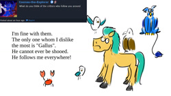 Size: 1024x576 | Tagged: safe, artist:horsesplease, imported from derpibooru, gallus, hitch trailblazer, bird, crab, earth pony, pony, seagull, series:ask failblazer, ask, ask failblazer, derp, g5, gallus the rooster, sad hitch