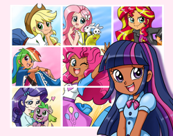 Size: 1024x805 | Tagged: safe, artist:chibi-jen-hen, color edit, edit, editor:diameltzowo, imported from derpibooru, applejack, fluttershy, pinkie pie, rainbow dash, rarity, spike, sunset shimmer, twilight sparkle, dog, human, rabbit, equestria girls, animal, colored, dark skin, group, human coloration, humane five, humane six, one eye closed, skin color edit, spike the dog, wink