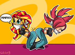 Size: 1157x843 | Tagged: safe, artist:gaggeddude32, imported from derpibooru, sunset shimmer, human, equestria girls, arm behind back, bondage, bound and gagged, butt bump, butt to butt, cloth gag, crossover, eyes closed, flannery, gag, help us, midriff, muffled moaning, muffled words, pokémon, rope, rope bondage, surprised, tied up