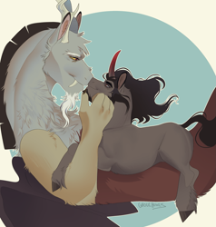 Size: 1947x2048 | Tagged: safe, artist:ghoulhowls, imported from derpibooru, discord, king sombra, draconequus, horse, pony, umbrum, unicorn, antlers, boop, circle, duo, gay, handsome, horn, interspecies, kissing, looking at each other, looking at someone, lying down, male, nose kiss, noseboop, on back, outline, reformed sombra, shipping, sitting on person, smiling, smirk, sombracord, stallion, story included, stupid sexy sombra, touching face, white outline