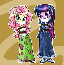 Size: 1022x1049 | Tagged: safe, artist:gaggeddude32, imported from derpibooru, fluttershy, twilight sparkle, equestria girls, arm behind back, bondage, bound and gagged, breasts, cloth gag, clothes, damsel in distress, dress, female, gag, gala dress, help, help us, humanized, rope, sad, scared, skirt, standing, tanktop, terrified, tied up, worried