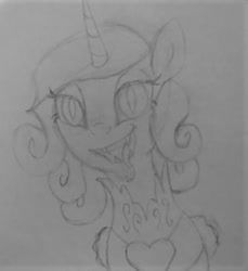 Size: 522x569 | Tagged: safe, artist:mjangelvortex, imported from derpibooru, princess cadance, queen chrysalis, alicorn, changeling, canterlot wedding 10th anniversary, disguise, disguised changeling, fake cadance, fangs, female, forked tongue, lidded eyes, mare, slit pupils, solo, traditional art, wip