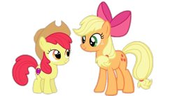 Size: 720x397 | Tagged: safe, artist:darlycatmake, imported from derpibooru, apple bloom, applejack, earth pony, pony, accessory swap, apple bloom's bow, apple sisters, applejack's hat, bow, cowboy hat, duo, duo female, female, hair bow, happy, hat, looking at each other, looking at someone, sibling bonding, siblings, simple background, sisters, smiling, smiling at each other, transparent background