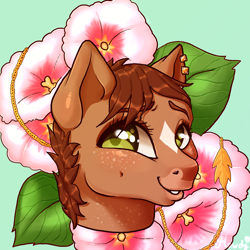 Size: 3600x3600 | Tagged: safe, artist:howdy_8008, imported from derpibooru, oc, oc:hollyhock, earth pony, pony, bojack horseman, ear piercing, female, flower, freckles, gradient background, green eyes, hollyhock manheim-mannheim-guerrero-robinson-zilberschlag-hsung-fonzerelli-mcquack, jewelry, mare, piercing, ponified, short mane, solo