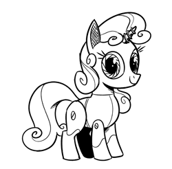 Size: 871x856 | Tagged: safe, artist:mellodillo, imported from derpibooru, sweetie belle, pony, robot, robot pony, unicorn, friendship is witchcraft, aperture iris, black and white, female, filly, foal, grayscale, lineart, looking at you, monochrome, simple background, smiling, smiling at you, solo, sweetie bot, white background