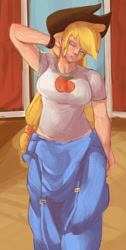 Size: 922x1823 | Tagged: safe, artist:applephil, imported from derpibooru, applejack, human, arm behind head, barn, breasts, busty applejack, clothes, female, humanized, one eye closed, overalls, solo