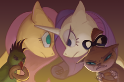 Size: 1200x800 | Tagged: safe, artist:yarugreat, imported from derpibooru, fluttershy, opalescence, rarity, bird, cat, parrot, pegasus, pony, unicorn, bust, confrontation, face to face, female, floppy ears, food, frown, gradient background, looking at each other, looking at someone, mare, no pupils, pretzel, profile, trio