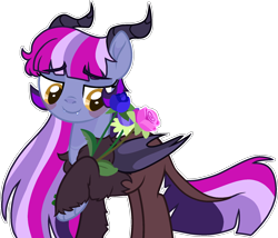 Size: 1925x1648 | Tagged: safe, artist:rickysocks, imported from derpibooru, oc, oc only, oc:jinx paradox sparkle, hybrid, bat wings, female, flower, horns, interspecies offspring, offspring, parent:discord, parent:twilight sparkle, parents:discolight, simple background, solo, transparent background, wings