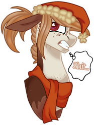 Size: 839x1121 | Tagged: safe, artist:moonert, imported from derpibooru, oc, oc only, earth pony, pony, christmas, clothes, earth pony oc, female, floppy ears, freckles, hat, holiday, mare, santa hat, scarf, simple background, solo, transparent background, vulgar