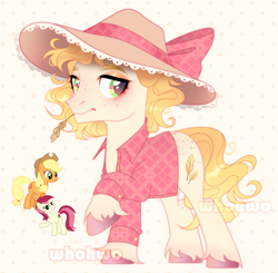 Size: 1677x1646 | Tagged: safe, artist:whohwo, imported from derpibooru, applejack, roseluck, earth pony, pony, base used, clothes, female, fusion, hat, makeup, male, mare, smiling, stallion, straw in mouth, sun hat, unshorn fetlocks