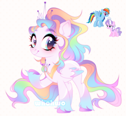 Size: 2252x2082 | Tagged: safe, artist:whohwo, imported from derpibooru, diamond tiara, rainbow dash, pegasus, pony, base used, fusion, hoof polish, makeup, male, multicolored hair, rainbow hair, raised hoof, simple background, smiling, stallion, white background