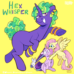 Size: 2048x2048 | Tagged: safe, artist:3ggmilky, imported from derpibooru, angel bunny, fluttershy, starlight glimmer, oc, oc:hex whisper, pegasus, pony, unicorn, female, glimmershy, lesbian, magical lesbian spawn, offspring, parent:fluttershy, parent:starlight glimmer, parents:glimmershy, shipping