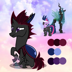 Size: 1280x1280 | Tagged: safe, artist:shiee-artopia223, imported from derpibooru, queen chrysalis, twilight sparkle, changeling, changeling queen, pony, unicorn, base used, clothes, eyepatch, female, frown, fusion, future twilight, mare, unicorn twilight