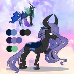 Size: 1280x1280 | Tagged: safe, artist:shiee-artopia223, imported from derpibooru, princess luna, queen chrysalis, alicorn, changeling, changeling queen, pony, antlers, base used, blue changeling, clothes, dress, female, fusion, mare