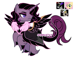 Size: 1280x977 | Tagged: safe, artist:mirrastat, imported from derpibooru, discord, fluttershy, king sombra, oc, oc only, alicorn, hybrid, pony, alicorn oc, base used, cloak, clothes, crown, dollar sign, female, frown, horn, horns, interspecies offspring, jewelry, magical threesome spawn, male, mare, multiple parents, name, offspring, parent:discord, parent:fluttershy, parent:king sombra, parents:disombrashy, rearing, regalia, screencap reference, selling, signature, simple background, solo, stallion, transparent background, unshorn fetlocks, wings