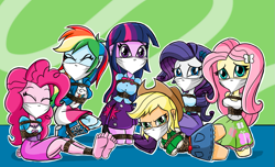 Size: 1315x799 | Tagged: safe, artist:gaggeddude32, imported from derpibooru, applejack, fluttershy, pinkie pie, rainbow dash, rarity, twilight sparkle, human, equestria girls, angry, arm behind back, barefoot, bondage, bound and gagged, bound together, cloth gag, clothes, eyes closed, feet, gag, glare, happy, help, help us, humane five, humane six, looking at you, over the nose gag, rainbond dash, rope, rope bondage, sad, scared, struggling, tied up, varying degrees of want, worried