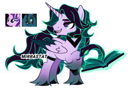 Size: 1280x885 | Tagged: safe, artist:mirrastat, imported from derpibooru, queen chrysalis, starlight glimmer, oc, alicorn, pony, unicorn, alicorn oc, base used, book, colored wings, female, horn, looking back, magical lesbian spawn, male, mare, offspring, parent:queen chrysalis, parent:starlight glimmer, simple background, stallion, transparent background, two toned wings, unshorn fetlocks, wings