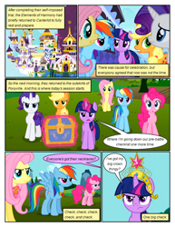 Size: 612x792 | Tagged: safe, artist:newbiespud, edit, edited screencap, imported from derpibooru, screencap, applejack, fluttershy, pinkie pie, rainbow dash, rarity, twilight sparkle, earth pony, pegasus, pony, unicorn, comic:friendship is dragons, keep calm and flutter on, big crown thingy, chest, comic, dialogue, element of kindness, element of loyalty, element of magic, eyelashes, female, frown, glowing, glowing horn, horn, jewelry, magic, mane six, mare, outdoors, regalia, screencap comic, telekinesis, unicorn twilight