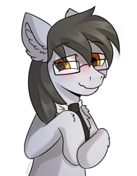 Size: 2650x3400 | Tagged: safe, artist:freak-side, imported from derpibooru, oc, oc only, oc:silver bristle, earth pony, pony, blushing, glasses, implied tickling, looking at something, necktie, shy, simple background, solo, white background