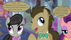 Size: 1280x720 | Tagged: safe, edit, edited screencap, imported from derpibooru, screencap, doctor whooves, octavia melody, spoiled rich, time turner, pony, a horse shoe-in, bowtie, doctor who, implied derpy, implied izzy moonbow, implied language drift, school of friendship, speech, speech bubble, talking, thought bubble, trio